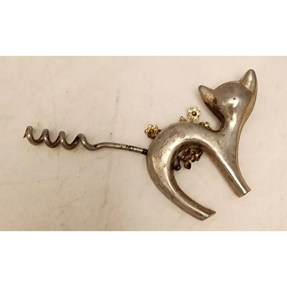 #7671 Cat Cork Screw Bottle Opener with Gold tone Flowers 4.5 inches